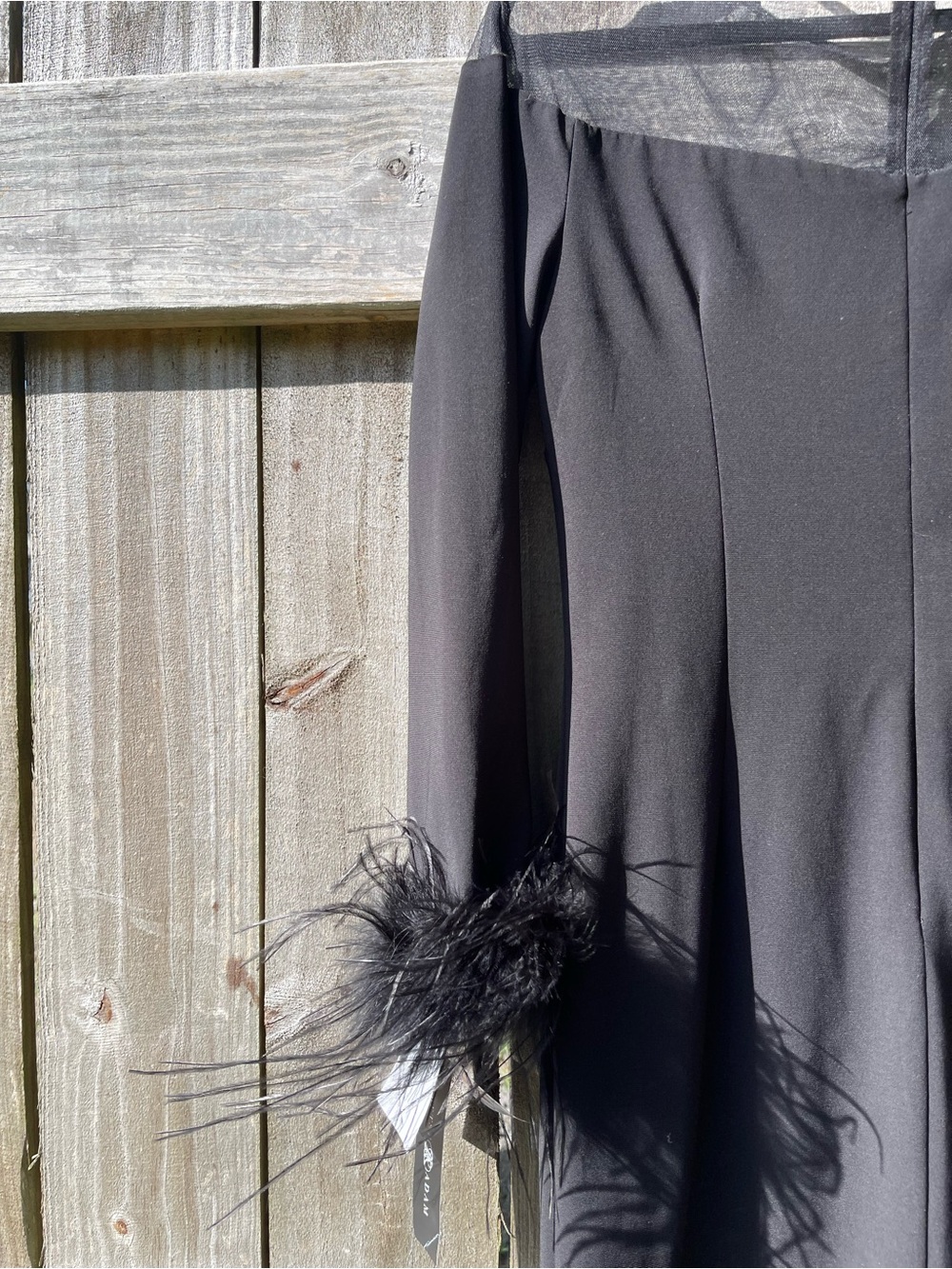 Black Long-Sleeve Sheer Shoulder Dress with Feather Cuffs Sz 12 - Picture 8 of 10